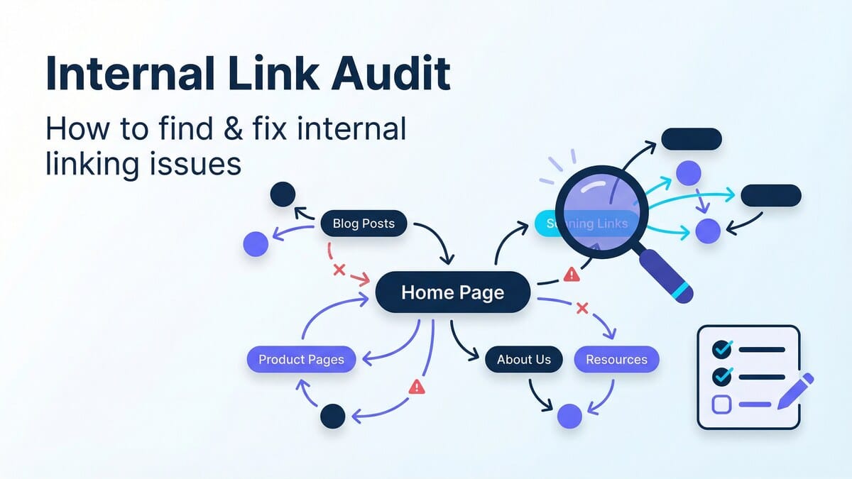Internal link audit graphic with arrows between site pages, magnifying glass, and checklist