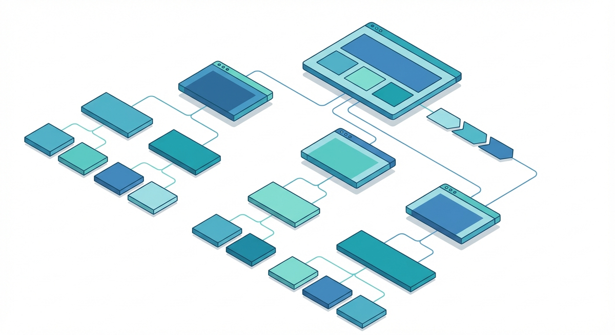Isometric diagram of website hierarchy with homepage, hub pages, cluster pages, and internal links